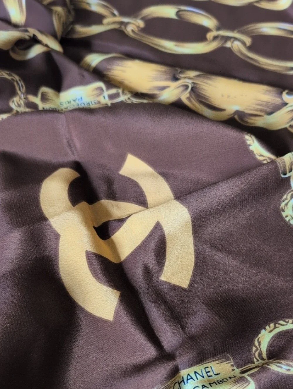 CHANEL Brown and Gold Chain-Print  100% Silk Scarf 35x35